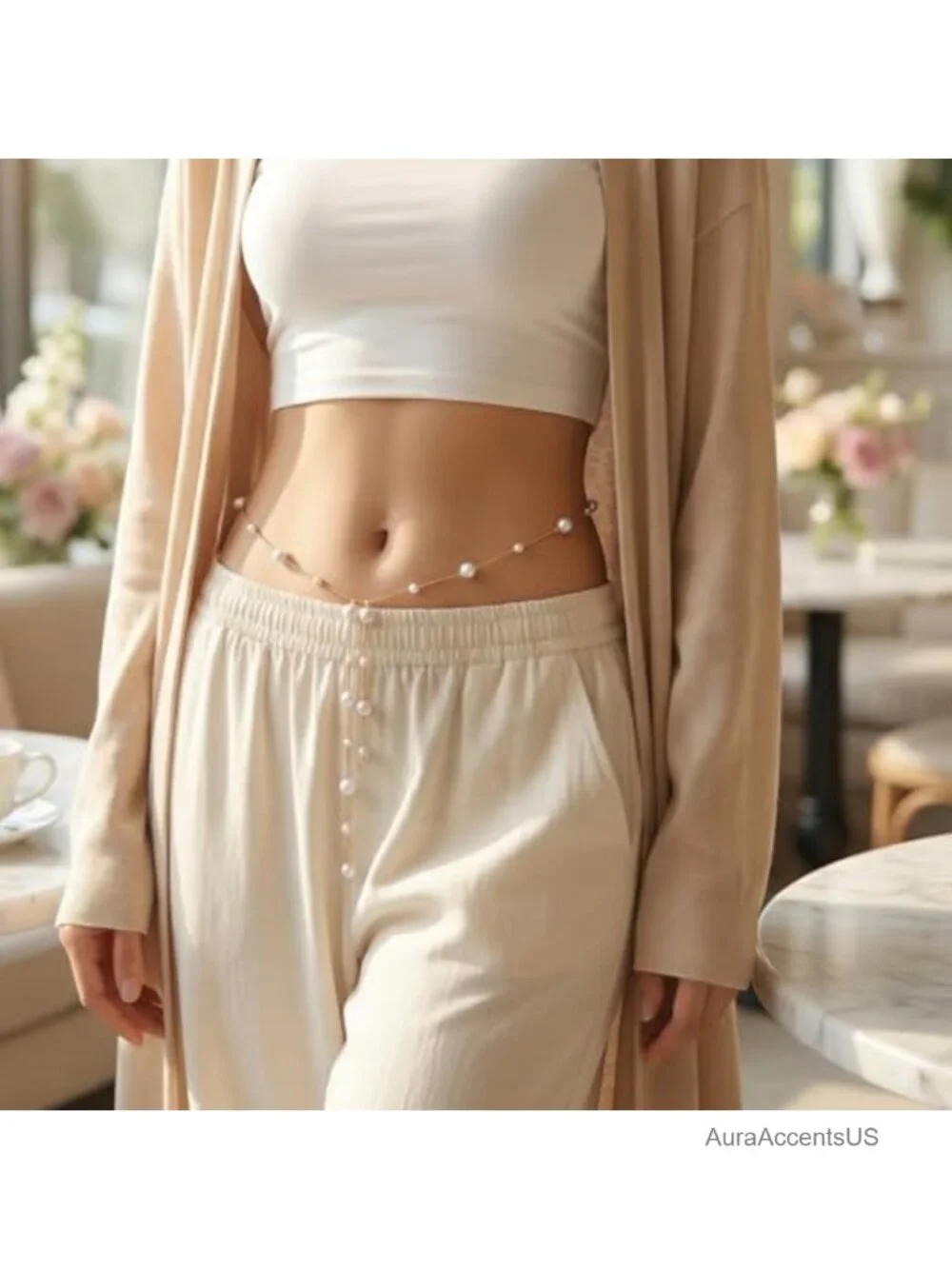 Adjustable Pearl Chain Belt for Dress, Long Tassel Gold Tone Faux Pearl Waist